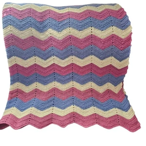 Vintage Crochet Afghan Blanket 84x68 Chevron Zig Zag Purple Blue Cream Throw - Picture 1 of 3