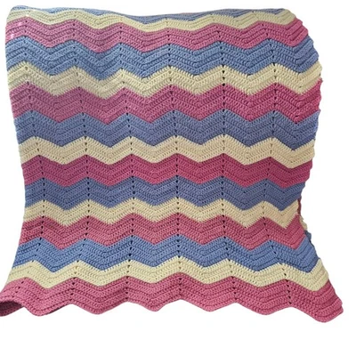 Vintage Crochet Afghan Blanket 84x68 Zig Zag Chevron Pastel Purple Blue Cream - Image 1 of 3