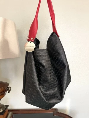 Justine Red Paris Rubber and Leather Hand Bag Made In France Smart Black Tote - Image 1 of 4