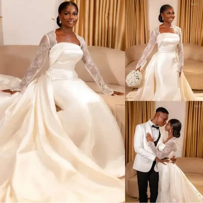 Mermaid White Ivory Lace Wedding Dresses Detachable Train Long Sleeves Bridal - Image 1 of 4