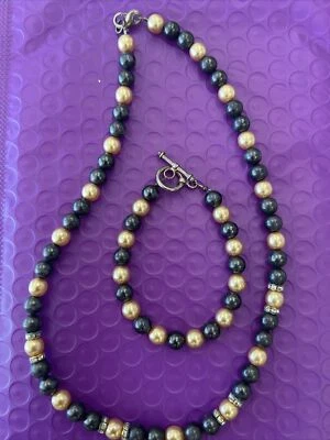 ❤️ Sterling Silver Grey And Gold Simulated Pearl 8” Bracelet & 18” Necklace Set - Image 1 of 4