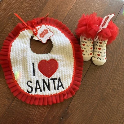 Mud Pie I ❤️ Papá Noel Rojo Y Blanco Felpa Y Tul Babero Y Calcetines NUEVO Con Etiquetas Foto 1 de 4