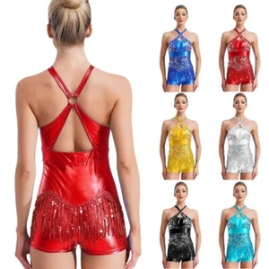 Womens Dance Leotard Shiny Bodysuit Rumba Dancewear Gymnastic Jumpsuit Tango - Picture 1 of 29