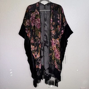 Line and Dot Kimono Womens Velvet Floral Cardigan Fringe Boho Whimsy OS Revolve - Picture 1 of 11