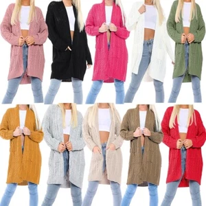 Damen Langarm Grobstrick Cape Cardigan Zopfmuster offene Fronttasche Pullover - Bild 1 von 44