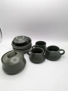 Vintage Shungyo Stoneware MCM Japan Saucers, Cups, Sugar Bowl & Lid 10pcs Set - Bild 1 von 6