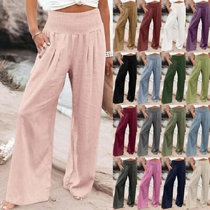 Cotton Linen Wide Leg Pants Women Summer Casual Elastic High Waist Trousers - Picture 1 of 75