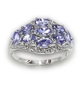 Natürlicher Tansanit & weißer Topas Cluster Sterlingsilber Ring Weißgold über - Bild 1 von 6