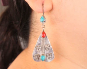 Vintage Afghan Gypsy Silver Long Earrings, Malachite Beads Kuchi Earrings, #E02 - Picture 1 of 6