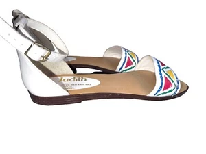 Judith Sandals White Open Toe Ankle Strap Size 8 B Flat Leather Color Accent - Picture 1 of 7