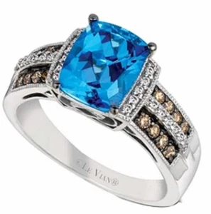 $3200 LeVian Ocean Blue Topaz, Vanilla & Chocolate Diamond Ring 14K Vanilla Gold - Picture 1 of 10