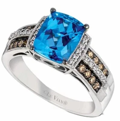 $3200 LeVian Ocean Blue Topaz, Vanilla & Chocolate Diamond Ring 14K Vanilla Gold - Image 1 of 4