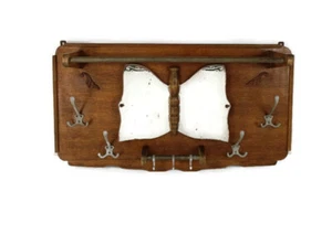 Carved Wood Coat Hat Rack Butterfly Glass Mirror Art Deco Antique Lovely - Picture 1 of 10