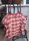 Tote Bag Cotton Leather Longaberger Homestead  Red Tan Plaid Tote Bag  16"x20"