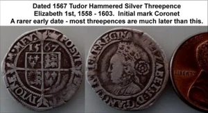 1567 Elizabeth 1st Hammered Silver Threepence (WTH-5797) - Picture 1 of 1