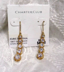 Vtg Estate Jewelry ~ CHARTER CLUB 18KT Gold over Sterling CZ Dangle Earrings - Picture 1 of 4