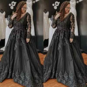 Black Gothic Wedding Dresses Lace Appliques Long Sleeves A Line Bridal Gowns - Picture 1 of 9