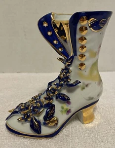 Limoges China Rose Floral Boot Shoe Blue Gold - Picture 1 of 6