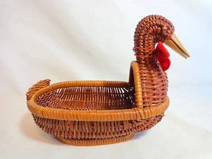 Wicker Basket Planter 8" Duck Shape Brown Red Bow - Picture 1 of 8