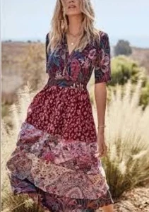 Abito midi Johnny Was Sevilla PICCOLO 100% seta tecnica mista a strati boho prateria - Foto 1 di 11