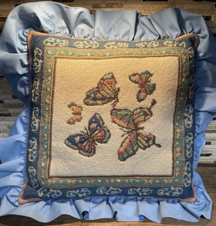Vintage Hand Embroidered Ivory Butterfly Throw Pillow Pink Blue  Ruffled Trim - Image 1 of 4