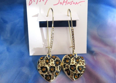 Betsey Johnson Authentic Leopard Heart Crystal Sherperd Hooks Drop Earrings NWT - Image 1 of 4