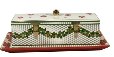 Anthropologie Bistro Tile Holiday Wreath Butter Dish Festive Garland Gold Trim - Image 1 of 4