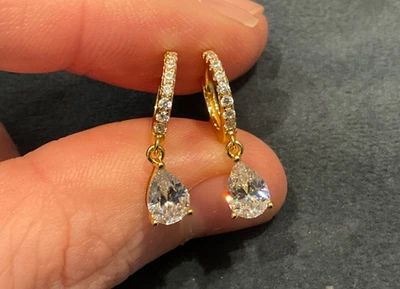 2.76 Carat Lab Created Diamond Pear Cut Drop Hoop Earrings Gold Plated 925 - Image 1 of 4