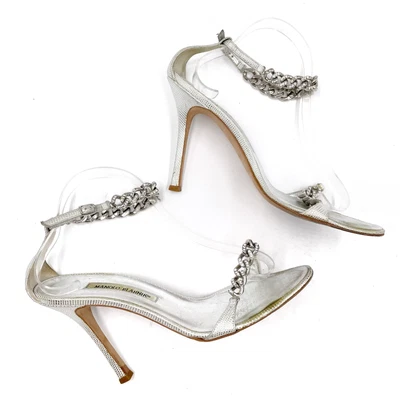 Sandalias Manolo Blahnik Legata Plata Cristal Cadena Tacones Cuero Talla 40/10 Foto 1 de 4