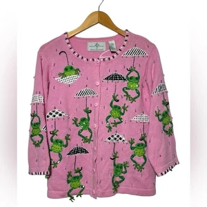 Design Options Phillip & Jane Gordon | Pink Frog Rain Graphic Cardigan Sweater L - Picture 1 of 7