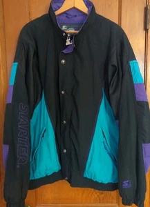 Vintage Starter Full Zip Jacket Mens XL Nylon USA 90s Black Purple Teal Hood - Picture 1 of 19