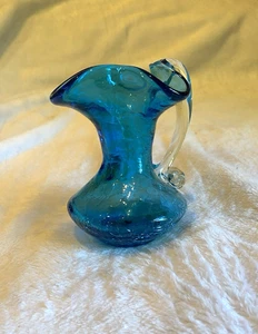 Vtg BLUE Crackle Glass White Handle Mini Pitcher Vase Applied Handle 4"Ex.Cond. - Picture 1 of 6