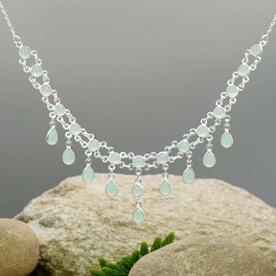 Aqua Chalcedony 925 Sterling Silver Rolo Choker Lobster Boho Bridal Necklace - image 1 of 4