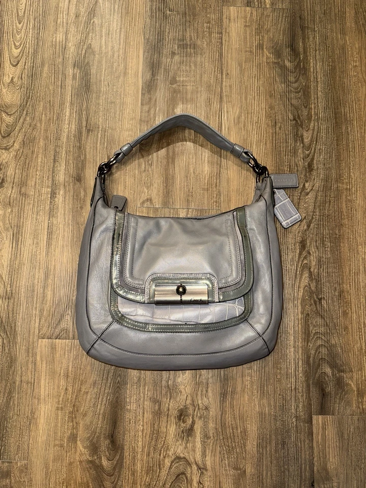 Coach Kristin Spectator Gray Leather Croc Embossed Trim Hobo Shoulder Bag EUC - Image 1 of 4