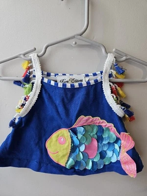 Baby Girls Rare Editions Blue Embroidered Fish Tank 3-6M - Image 1 of 4