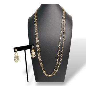 Statement 2-Strand 27" Gold Tone Glass Crystal Necklace and Earrings Set Bridal - Picture 1 of 8