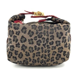 FENDI Leopard Vanity Hand Bag Pouch Purse Canvas Leather Brown Red Authentic - Picture 1 of 24