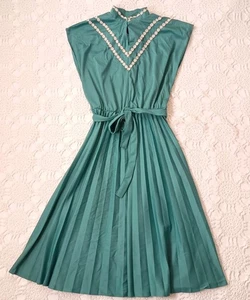 Vtg 70s Fit Flare Dress Teal Blue Pleat Skirt Knee Length Medium Small Women - Picture 1 of 8