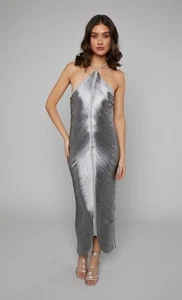 NEW RARE LONDON Halterneck Fringe Maxi Dress Silver Size UK 12 US 8 Evening - Picture 1 of 8