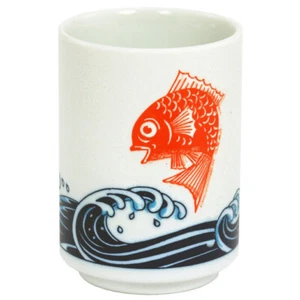 Japanese Sushi Tea Cup 4"H Porcelain Red Tai Fish Over Wave Made in Japan - Picture 1 of 1