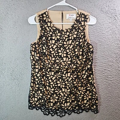 Top sin mangas Neiman Marcus para mujer XS ojales encaje algodón seda negro beige Foto 1 de 4