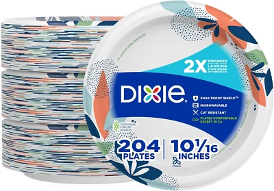 Dixie Large Paper Plates, 10 Inch, 204 Count, 2X Stronger*, Microwave-Safe, Soak - Image 1 of 4