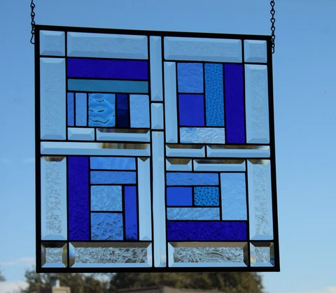 Beveled Stained Glass Panel -17  1/2"x 17 1/4" HMD-US  Window Hanging BLUE'S Cover