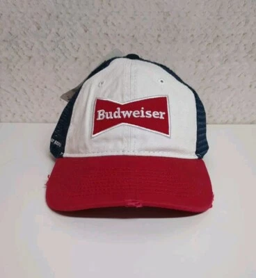 Vintage Budweiser Snapback Trucker Hat Mesh Back Red White Blue Cap Distressed - Image 1 of 4
