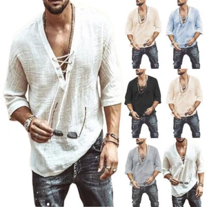 Men Medieval Shirt Tops Pirate Gothic Lace-Up Blouse Tee Cosplay Costume Clothes - Picture 1 of 16