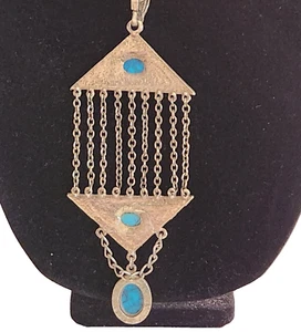 Vtg Southwestern Turquoise Cabochon Pendant Necklace 18" Silver Tone - Picture 1 of 6