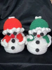 Vintage Pair Of Handmade 70’s Christmas Snow Women Crochet Dolls Green And Red - Picture 1 of 8