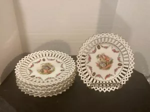 Schumann Dresdan Reticulated Porcelain Dessert Plates, Courting Couple Set of 6 - Picture 1 of 2