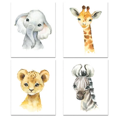 CONJUNTO de 4 Impresiones 8x10" Safari Selva Decoración de Pared Niños Elefante León Cebra Jirafa Foto 1 de 4
