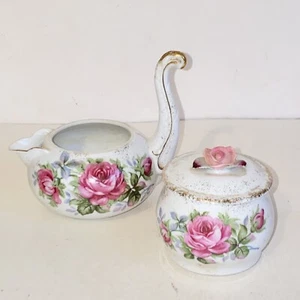Vintage Lefton China Creamer & Sugar Set Hand Painted Roses Gold Accents & Trim - Picture 1 of 21